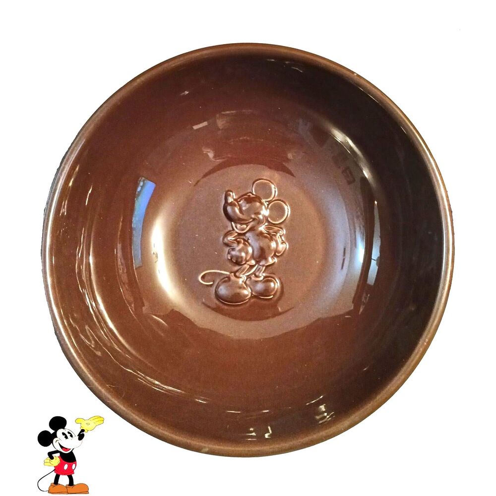 VINTAGE Brn Ceramic Embossed MICKEY MOUSE Bowl - Large (Light Reflection no dmg)